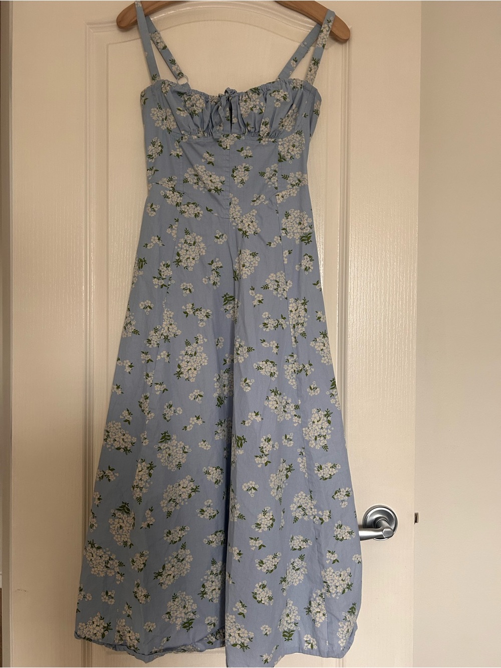 Light Blue Floral Midi Dress with Spaghetti Straps
